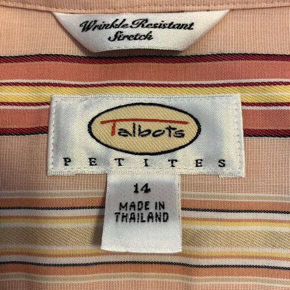 Talbots Shirt Womens 14 Petite Pink Stripe Wrinkle Resistant Stretch Button - Picture 2 of 7
